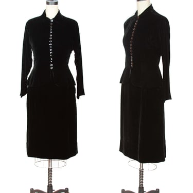 1950s Ladies Suit ~ Black Velvet Tailored Hourglass Two Piece Skirt Suit 