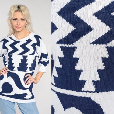 Abstract Knit Sweater 90s White Pullover Sweater Blue Geometric Zig Zag Print 3/4 Sleeve Retro Statement Cotton Ramie Vintage 1990s Medium M 