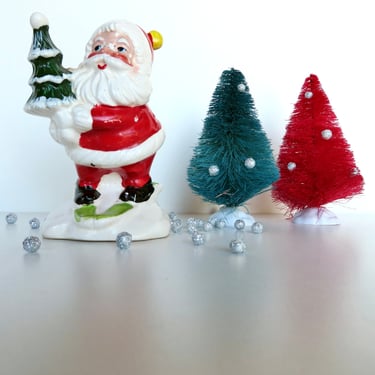 1950s Skiing Santa Christmas Figurine From Japan, Mid Century Modern Kitsch Holiday Decor 