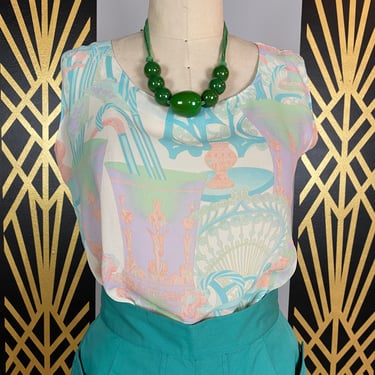 1980s camisole, sleeveless blouse, vintage tank top, pastel rayon crepe, novelty print, medium, 36 bust, summer camisole, minimalist style 