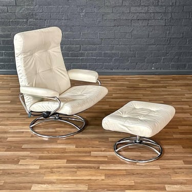 Ekornes Stressless Beige Leather & Chrome Reclining Swivel Lounge Chair w/ Ottoman, c.1970’s 