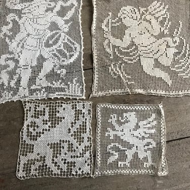 French Filet Lace Figural Panels, Squares, Standing Lion, Angel, Medieval Drummer, Appliqué, Tea Stained, Sewing Project Lace, Set of 5 