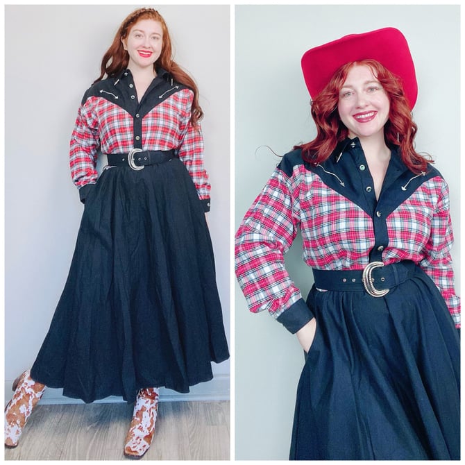 1990s Vintage Lilia Smitty Red Plaid Western Dress / 90s / Nineties Embroidered Belted Rodeo Gown / Size Large - XL 