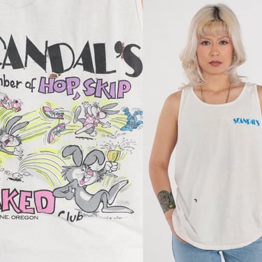 Scandal's T-Shirt 90s Eugene Oregon Bar Tank Top Bunny Rabbit Graphic Tee Go Naked Club Distressed Single Stitch White Vintage 1990s Large L 