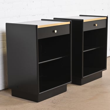 Harvey Probber Black Lacquered Mahogany and Brass Nightstands, Newly Refinished