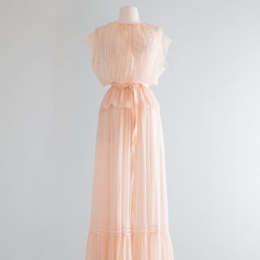 Ethereal 1970's Oscar de la Renta Peach Silk Chiffon Dress Set / Small