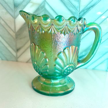 Westmoreland Shell and Jewel Green and Blue Iridescent Glass Creamer, EAPG Carnival Glass, Vintage Collectible Glassware 