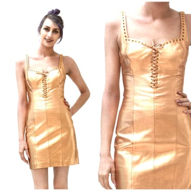 90s Vintage Metallic Rose Gold Leather Dress by Michael Hoban North Beach Leather Lace Up Corset Strapless Size XS 