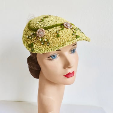 1950's Chartreuse Yellow Straw Floral Fascinator Hat Green Velvet Ribbon Leaves Pink Flowers Trim 50's Spring Summer Millinery 