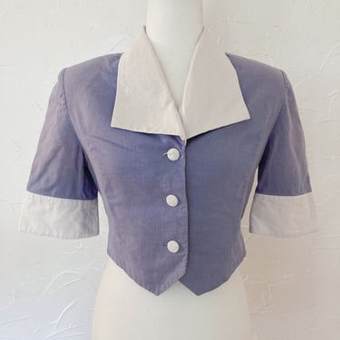 40s White and Lavender Linen Cropped Button Up Top | Small/Medium 