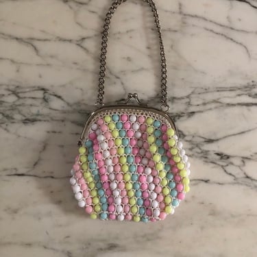 70s small beaded pouch purse with short chain handle / vintage small pink pastel beaded kiss lock bag pouch coin purse 