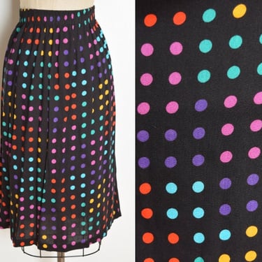 vintage 80s skirt black rainbow polka dot print high waisted midi rayon L XL clothing 