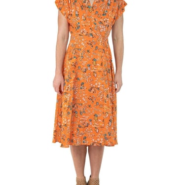 Morphew Collection Orange Cherry Blossom Novelty Print Cold Rayon Bias Dress Master Medium 