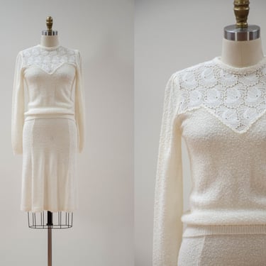 white knit skirt set | 70s 80s vintage cream ivory lace knit sweater skirt 2 piece set 