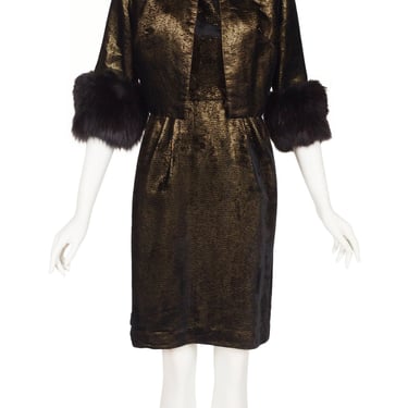 Irving Nadler 1960s Vintage Fox Fur Trim Gold Lurex Cocktail Dress Set Sz XS 