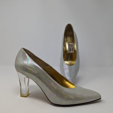 Vintage 80s Timothy Hitsman 9 Silver Holographic Pumps with Clear Acrylic Heel 