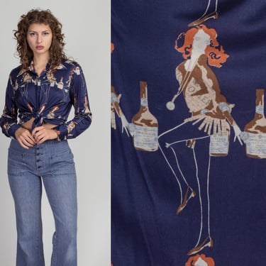 70s Courvoisier Cognac Novelty Print Shirt - Men's Large | Vintage Long Sleeve Navy Blue Collared Button Up Top 