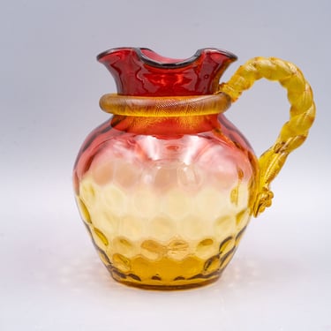 Polka Dot Amberina Pitcher with Amber Rope Handle, New England Glass Works | Antique Glassware Victorian Era Inverted Thumbprint 