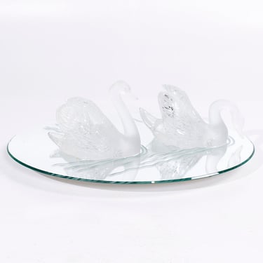 Lalique Frosted Crystal Swimming Swans Pair with Mirror - mcm 