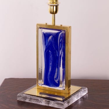 Handmade artistic Italian table lamp Murano glass brick blue and clear glass and brass base Made in Italy 