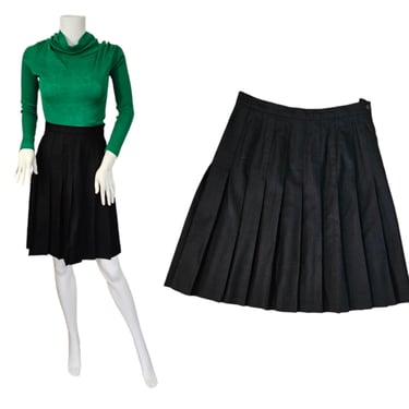 1980's Black Poly Wool Pleated Knee Length Skirt I Sz Med I Stephanie Andrews 