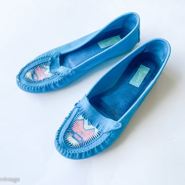 1980s Turquoise Moccasin Loafers | 80s Turquoise Suede Leather Loafers | Candie's | US 8.5 UK 6.6 EU 39 