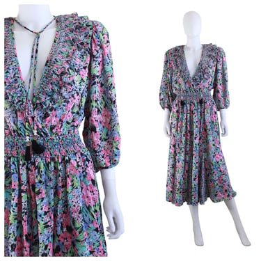 1980s Diane Freis Inspired Georgette Dress - 80s Pastel Floral Dress - 80s Dark Floral - 80s Day Dress - One Size Fit All Dress | Size Large 