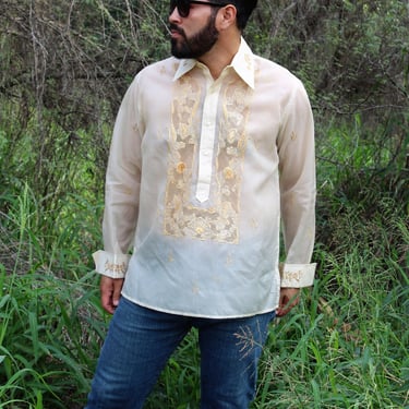 Vintage Tesoro's Barong Tagalog Traditional Filipino Shirt, Long Sleeved, Beige Embroidered Organza, L Men 