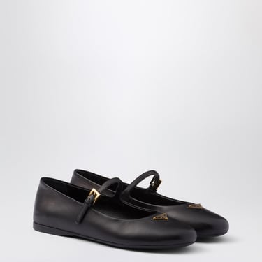 Prada Black Leather Ballerina With Logo Triangle Women