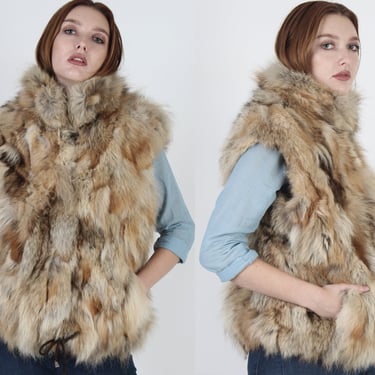 Real Patchwork Fox Fur Vest, Vintage 1980's Bohemian Crystal Red Fox Casual Vest 