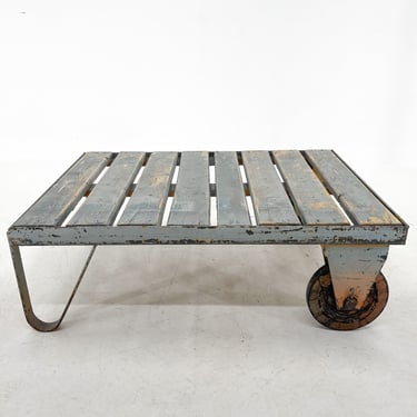 Vintage Industrial Metal & Wood Coffee Table / Industrial Small Table on Wheels / Industrial Side Table 