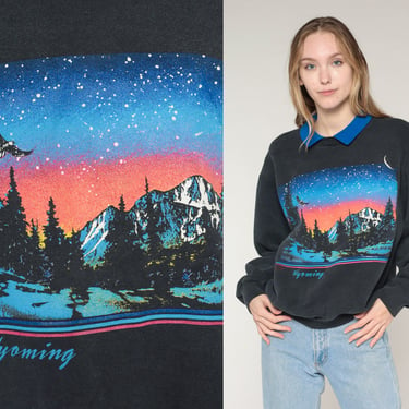 Wyoming Sweatshirt 90s Grand Tetons Sweatshirt Eagle Mountains Forest Trees Graphic Shirt WY Wildlife Collared Sweater Vintage 1990s Large L 