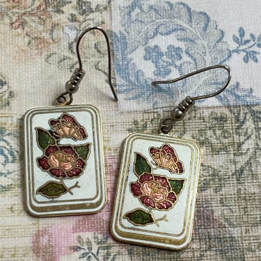 cloisonné flower earrings vintage 70s pierced floral enamel butterfly hooks 