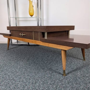 MCM Atomic 3 Tiered Laminate, Wood & Brass Coffee Table