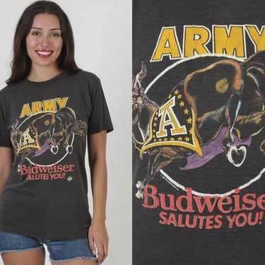 Vintage 1987 Budweiser Salutes You ARMY 2 Sided Thin 50 50 Beer Eagle Tee T Shirt L 