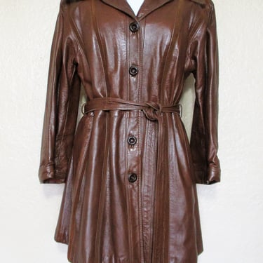 Leather Trench Coat, Vintage 1970s, Brown Leather, Medium Women, Knee Length 