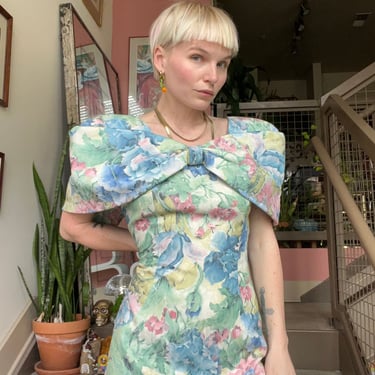 80s Pastel Floral Bow Fitted Pantagis Dress 