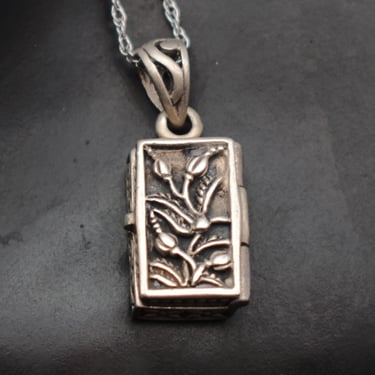 Dainty 80's 925 silver rose buds prayer box pendant, rectangular sterling wish box necklace 