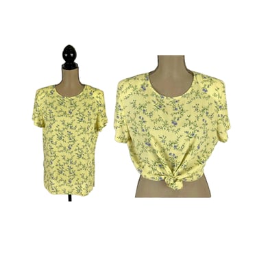 80s Yellow Floral Blouse, Short Sleeve Spring Summer Top, Loose Fit Ditsy Print Rayon Shirt, 1980s Clothes Women Vintage NORTON MCNAUGHTON 