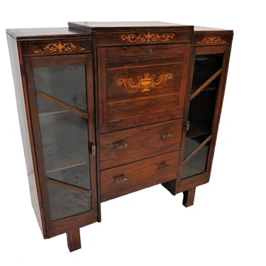 Solid Wood Desk | vintage English Inlaid Secretary Desk With Side Bookcases 