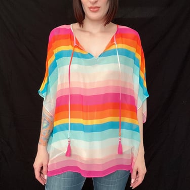 New TRINA TURK Rainbow Striped Silk Chiffon Poncho Blouse - NWT - size Small to Medium to Large 