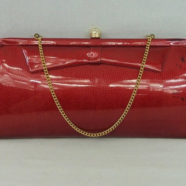 60s Glossy Red Faux Reptile Vinyl Handbag - Clutch or Chain Optional - Butterfly Lining - Liebermann's Vintage 1960s Purse Pocketbook Bag 