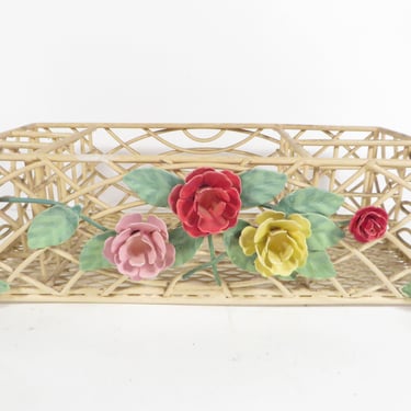 Vintage Cream Flower Metal Makeup Tray Desk Organizer 