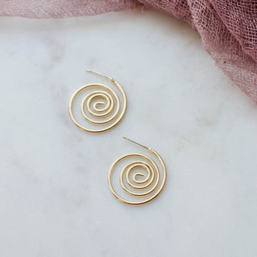 gold spiral hoop earrings, dainty delicate 18k gold hoops, modern gold drop earrings, gift for her 
