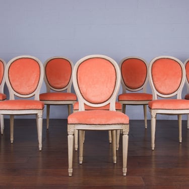 Antique French Louis XVI Style Provincial Painted Dining Chairs W/ Orange Velvet - Set of 8 