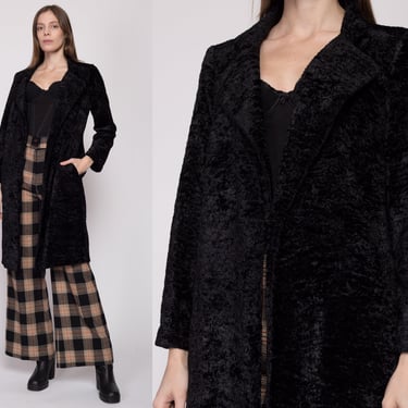 Small 90s Black Chenille Jacket | Vintage Minimalist Velvet Long Lightweight Fall Coat 