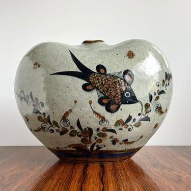 Jorge Wilmot Folk Art Pottery Large Fish Vase from Tonala Mexico - 12" Wide 
