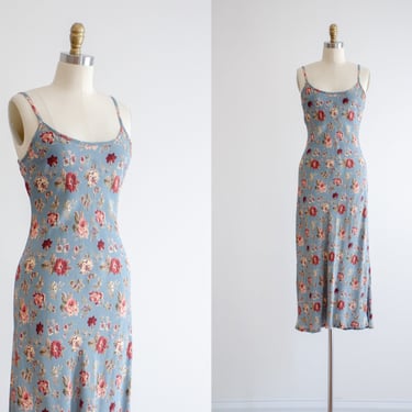 blue slip dress | 90s y2k vintage dusty French blue pink floral spaghetti strap bias cut midi dress 
