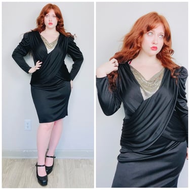 1980s Vintage Black Nylon Silver Mesh Metal Glamdana Dress / 80s / Ruched Sash Disco Wiggle Dress / Size Large - XL 