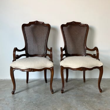 Vintage Louis XV - Style Carved Walnut Cane Arm Chairs - a Pair 